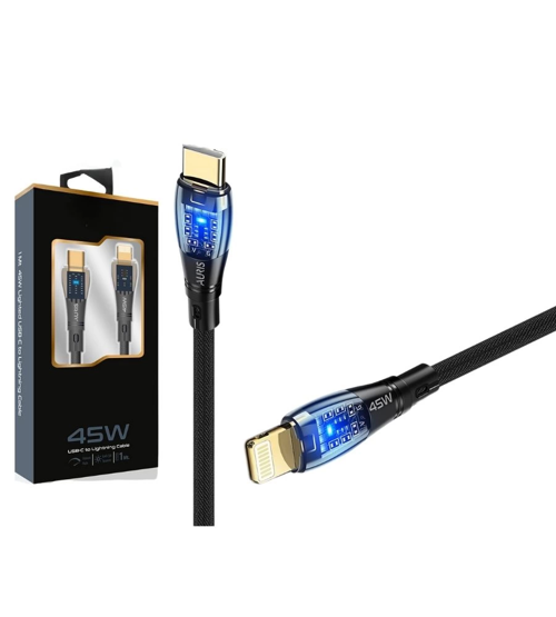 45W USB-C Lightning Işıklı Şeffaf Kablo Hızlı Şarj, Dayanıklı Tasarım, iPhone ve iPad Uyumlu ( Lisin