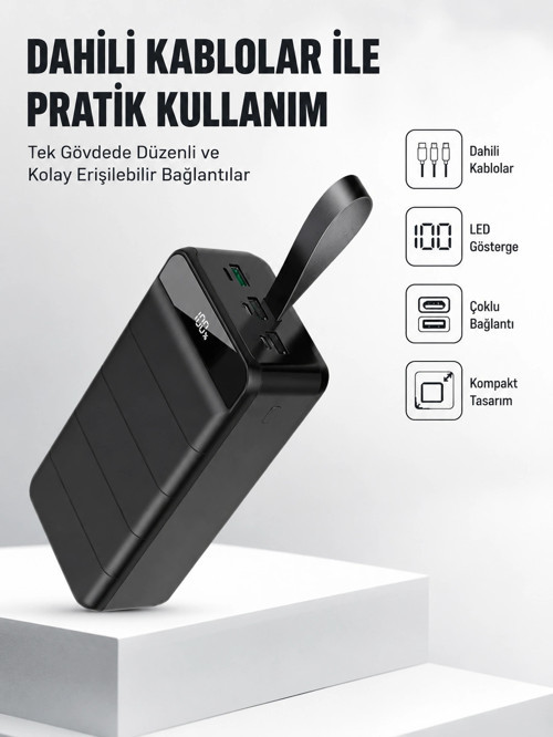 50.000 mAh Kapasiteli Powerbank – Hızlı Şarj Destekli, 4 USB Portlu, LED Işıklı Taşınabilir Enerji D