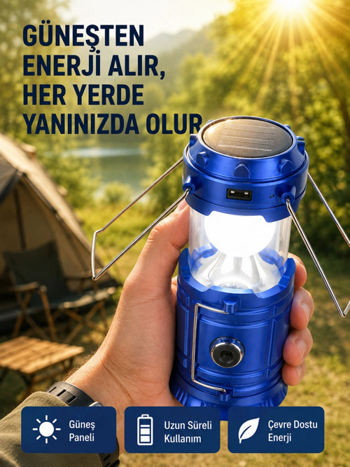 Şarj Edilebilir Güneş Enerjili Kızaklı Kamp Feneri – USB Çıkışlı, Katlanabilir, Dayanıklı ve Çok Fon