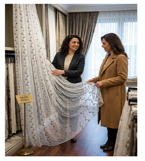 Çollection -Siyah -Beyaz Motifli Tül Perde-1/2 Pile