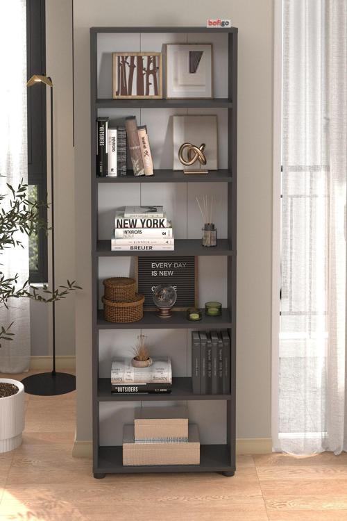6 Raflı Kitaplık Dekoratif Kitaplık Modern Kitaplık Antrasit