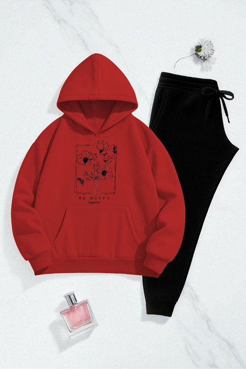 Unisex Be Happy Baskılı Oversize Sweatshirt Takım