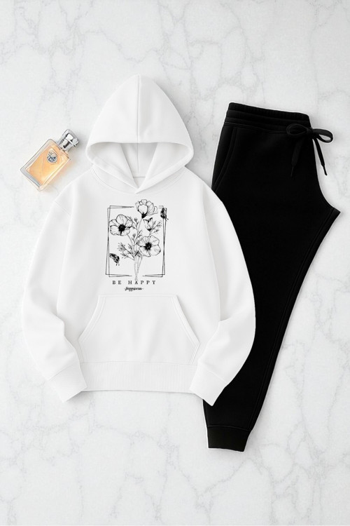 Unisex Be Happy Baskılı Oversize Sweatshirt Takım