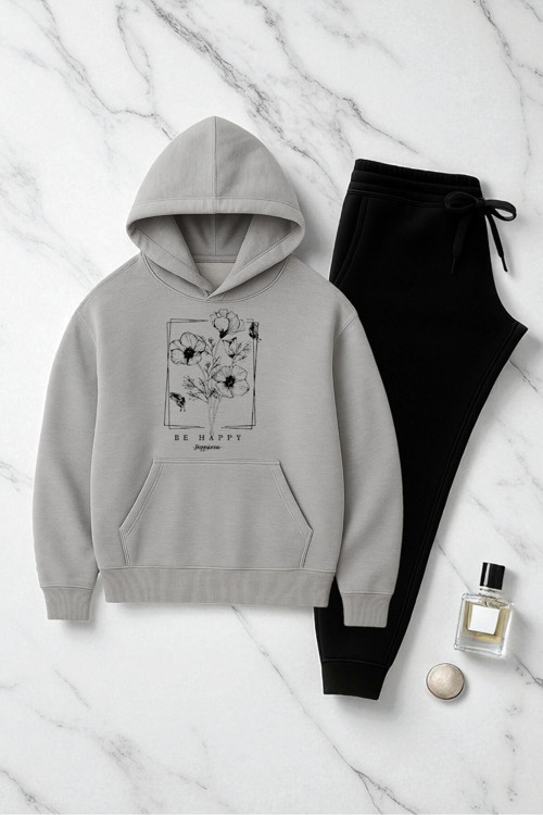 Unisex Be Happy Baskılı Oversize Sweatshirt Takım