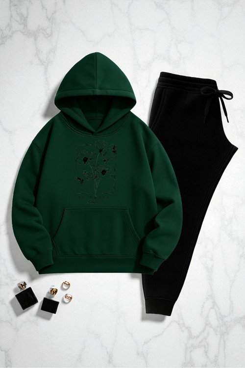 Unisex Be Happy Baskılı Oversize Sweatshirt Takım