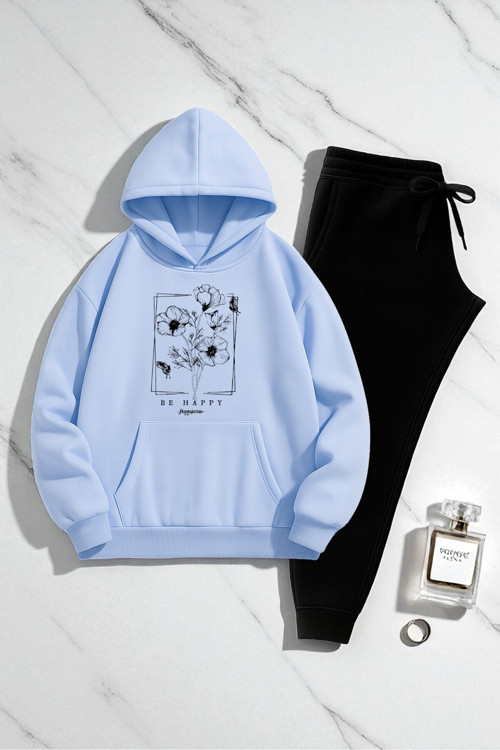 Unisex Be Happy Baskılı Oversize Sweatshirt Takım