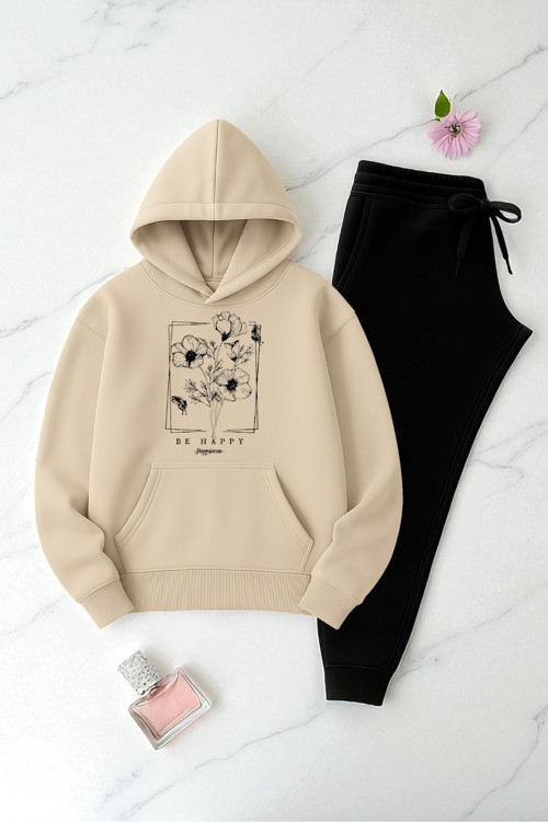 Unisex Be Happy Baskılı Oversize Sweatshirt Takım