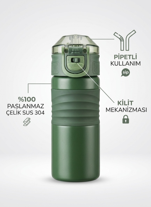 Premium 304 Paslanmaz Çelik Pipetli Kilitli Termos Matara 450 ml Ergonomik Kavrama