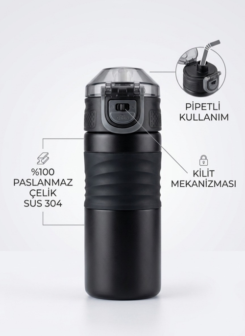 Premium 304 Paslanmaz Çelik Pipetli Kilitli Termos Matara 450 ml Ergonomik Kavrama