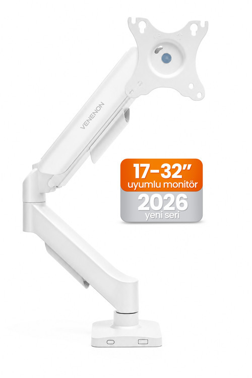 Tek Kollu Monitör Kolu VESA Uyumlu Hareket Ayarlanabilir Monitör Standı 17-32" 9KG Kapasite Beyaz