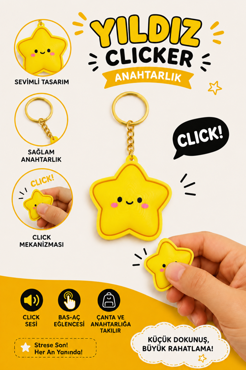 Yıldız Şekilli Clicker Anahtarlık 3D Baskı Stres Oyuncağı Çanta Süsü