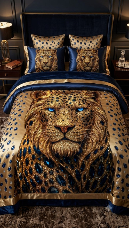 Özel Üretim Marka Çift Kişilik 240*260 cm Saten Pamuk Luxury Nevresim Takımı Premium Ranforce Dokuma Organik Pamuklu Altın Siyah Lüx Kaplan Deluxe seri leke tutmaz aslan