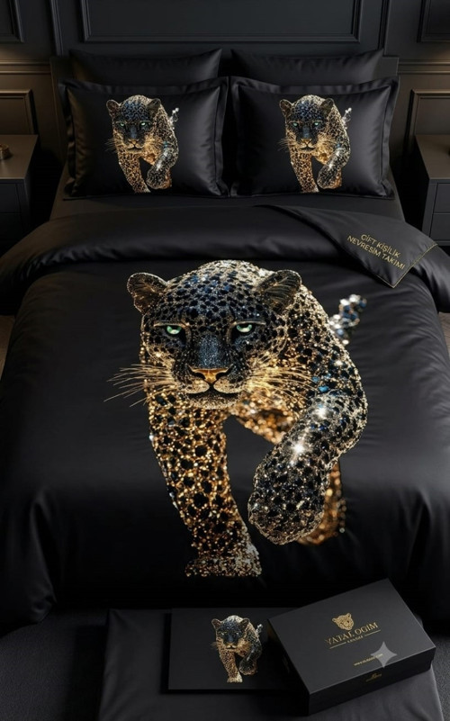Özel Üretim Marka Çift Kişilik 240*260 cm Saten Pamuk Luxury Nevresim Takımı Premium Ranforce Dokuma Organik Pamuklu Altın Siyah Lüx Kaplan Deluxe seri leke tutmaz aslan