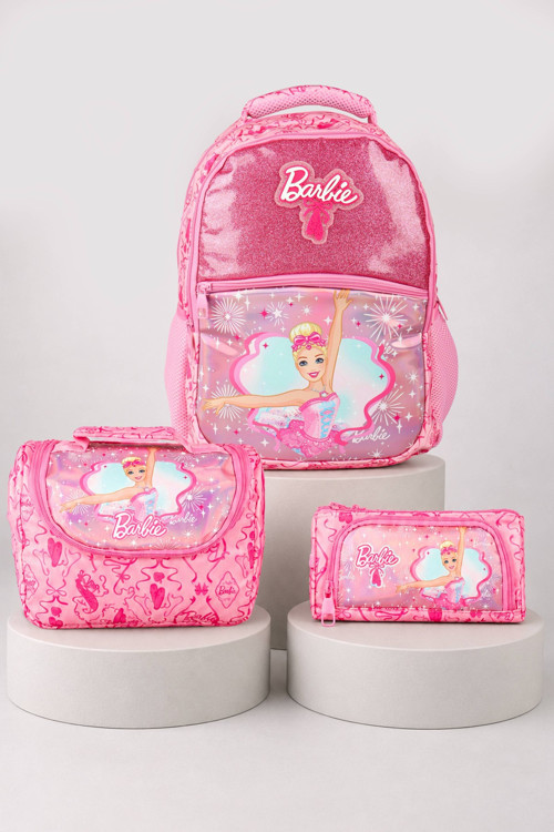 x Dekomus Lisanslı Barbie Ballerina Magic Collection Büyük Boy Okul Çantası,Termoslu Beslenme Çantası ve Kalem Çantası S