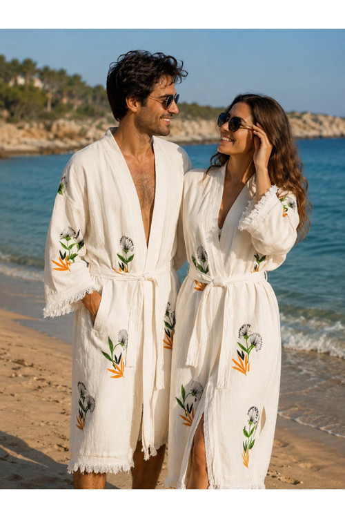 MÜSLİN ÇİÇEKLİ BORNOZ - TAŞ BASKI %100 Pamuk- Deniz-SPA-Havuz-Banyo Unisex