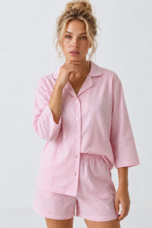 Düğmeli İnce Soft Örme Şortlu Pijama Takımı 8054