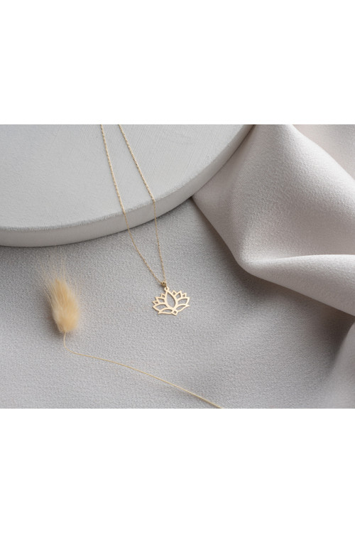 14 Ayar Altın Lotus Çiçeği Kolye Minimalist Hafif Kolye, 1,2 Cm Genişlik