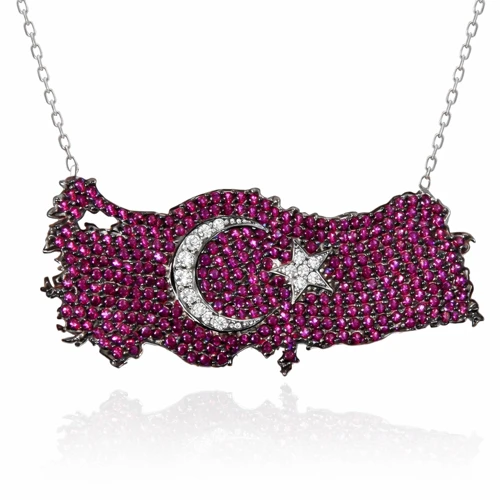 Gümüş Ay Yıldız Türkiye Haritası Kadın Kolye