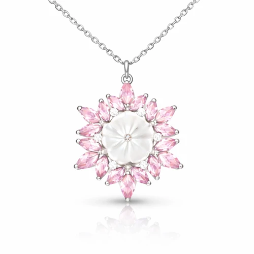 Gümüş Pembe Lotus Desenli Çiçek Kadın Kolye