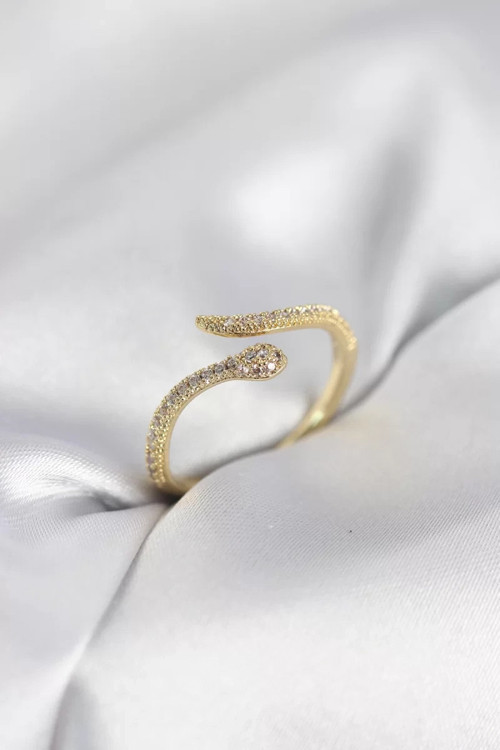Gold Renk Yılan Model Zirkon Taşlı Kadın Yüzük - TJ-BYK4072