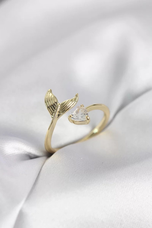 Balık Kuyruğu Model Gold Renk Zirkon Taşlı Kadın Yüzük - TJ-BYK4129