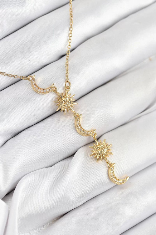 316L Çelik Zirkon Taşlı Güneş Ve Ay Model Gold Renk Kadın Kolye - TJ-BKO10548