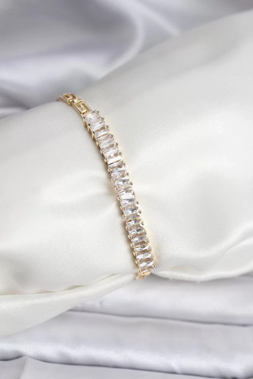 14K Gold Renk Kaplama Zirkon Taşlı Baget Model CM Kadın Bileklik - TJ-BB8126