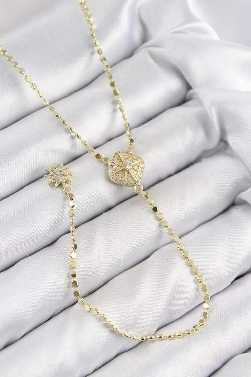 Pirinç Zirkon Taşlı Ezme Zincirli Madalyon Model Gold Renk Y Kolye - TJ-BKO10471