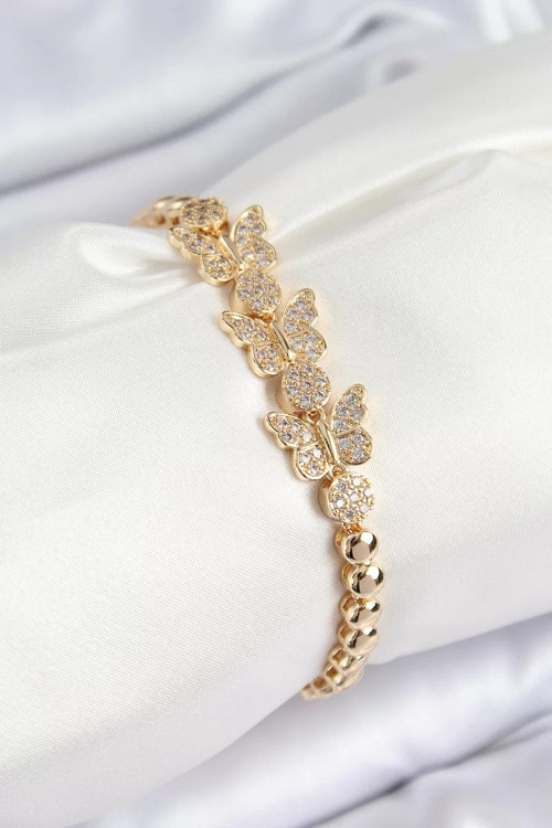 Pirinç Zirkon Taşlı Kelebek Model Gold Renk Kadın Bileklik - TJ-BB7541