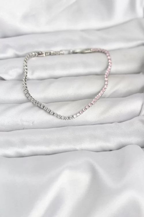 Pembe ve Beyaz Zirkon Taşlı Gümüş Renk Su Yolu Kadın Bileklik - TJ-BB8149