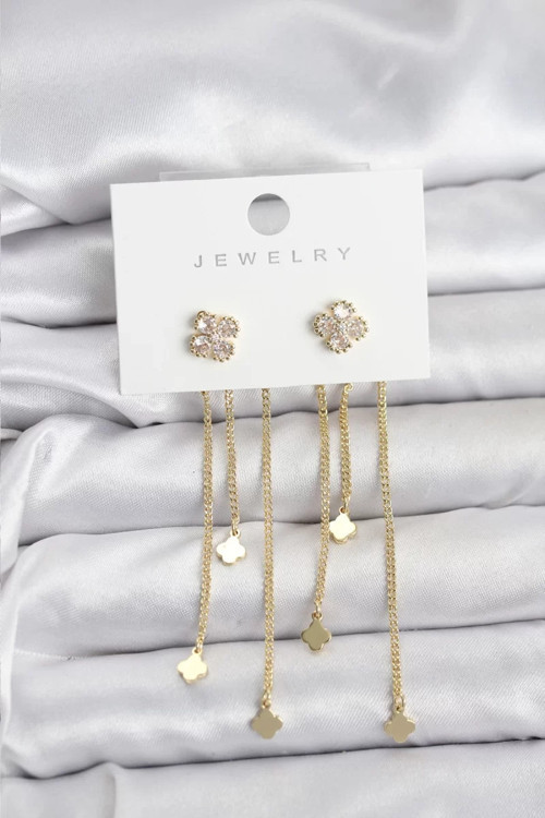 Pirinç Gold Renk Yonca Model Sallantılı Kadın Küpe - TJ-BKP11455