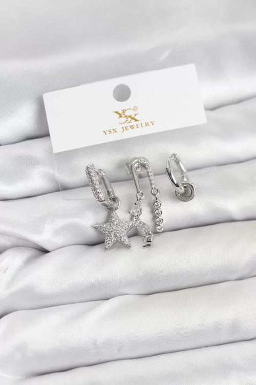 Pirinç Gümüş Renk Zirkon Taşlı Yıldız Vintage Model YSX Trio Küpe Seti - TJ-BKP11563