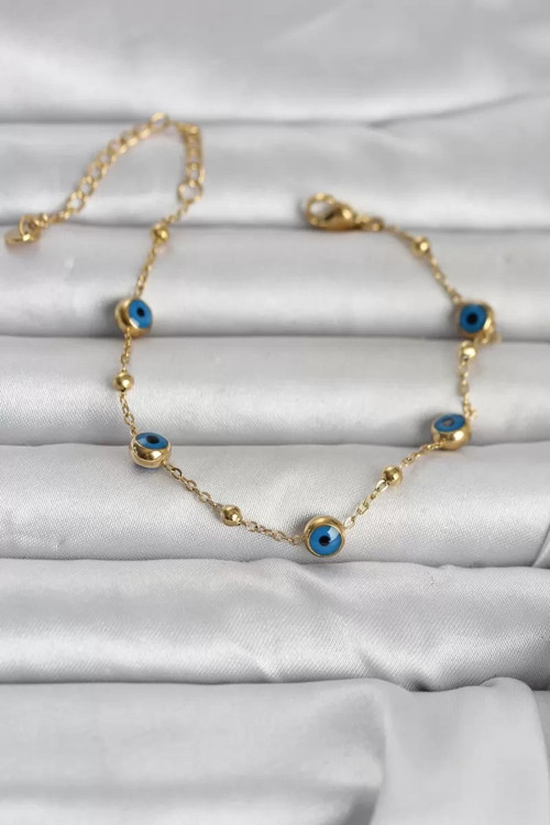 316L Çelik Gold Renk Top Zincirli Nazarlı Kadın Bileklik - TJ-BB8388