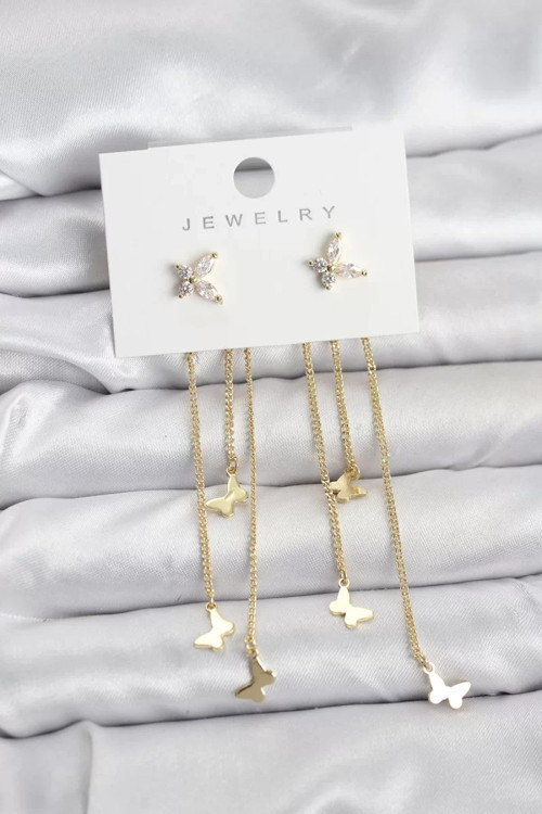 Kelebek Model Gold Renk Pirinç Sallantılı Kadın Küpe - TJ-BKP11457