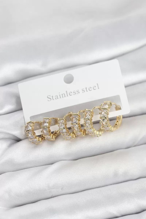 316L Çelik Gold Renk Baget Zirkon Taşlı Halka Küpe Seti - TJ-BKP11528