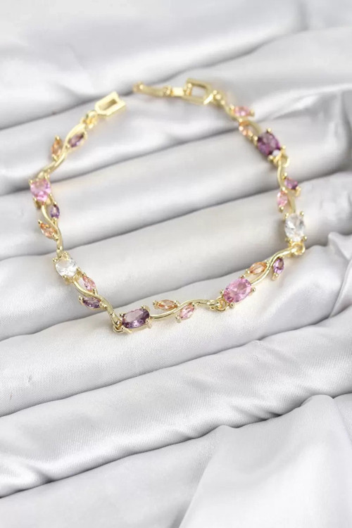Pirinç Gold Renk Pembe ve Mor Zirkon Taşlı Çiçek Model Kadın Bileklik TJ-BB8585