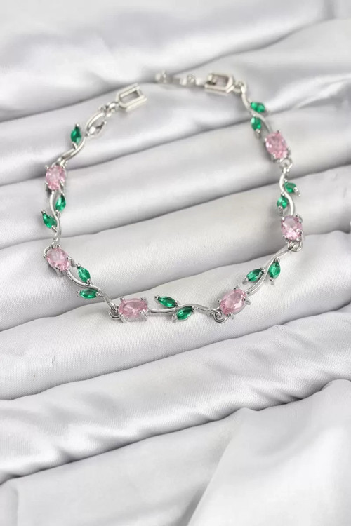 Pirinç Gümüş Renk Pembe Zirkon Taşlı Çiçek Model Kadın Bileklik TJ-BB8590