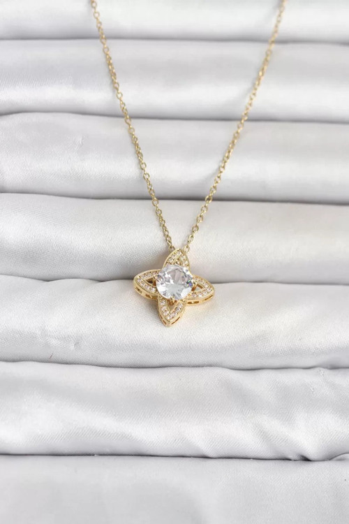 316L Çelik Zincir Gold Renk Yonca Model Kadın Kolye TJ-BKO11078