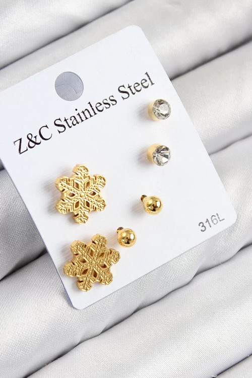 316L Çelik Zirkon Taşlı Kar Tanesi Model Gold Renk Kadın Set Küpe - TJ-BKP11122