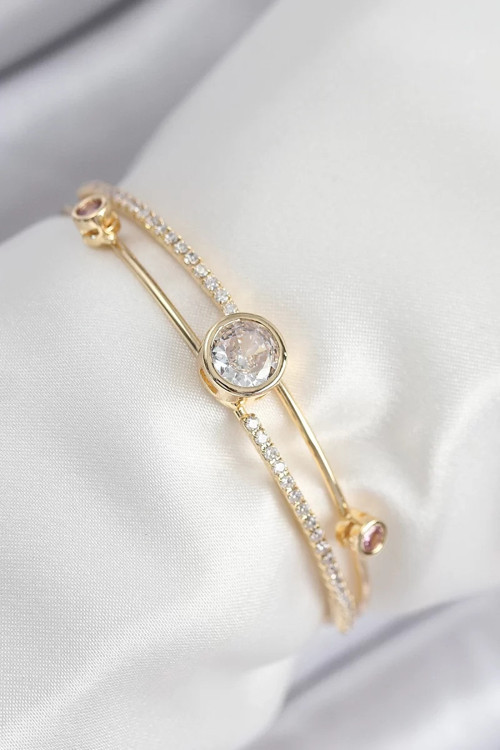 Pirinç Zirkon Taşlı Pırlanta Model Gold Renk Kadın Bileklik - TJ-BB7879