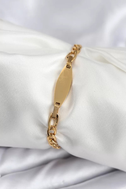 316L Çelik Gold Renk Oval Yazı Yazmaya Uygun Kadın Bileklik - TJ-BB7917