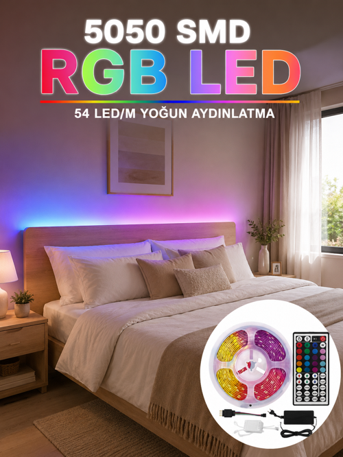 uygun 5050 SMD RGB LED Şerit 5 Metre Kumandalı Renkli TV Oda Masa Arkası Dekoratif Aydınlatma Se