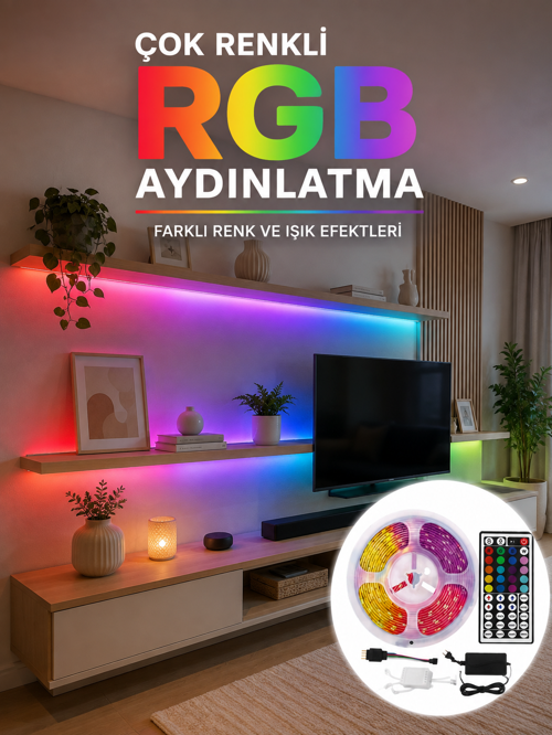 uygun 5 Metre Kumandalı RGB LED Şerit 5050 SMD 54 LED/M Renk Değiştiren Ambiyans Aydınlatma pop