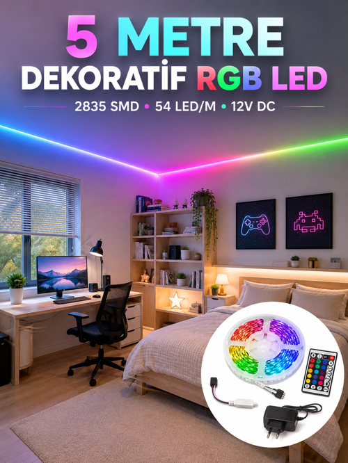 uygun 5 Metre RGB Şerit LED 2835 SMD 54 LED/M Uzaktan Kumandalı Dekoratif Aydınlatma popüler