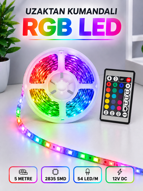 uygun RGB Şerit LED 5 Metre 12V 2835 SMD Kumandalı Renkli Oda ve Ev Aydınlatması popüler