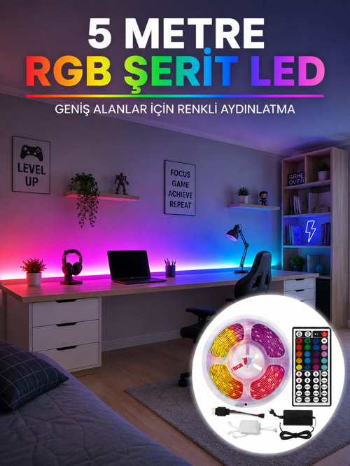 uygun RGB Şerit LED 5 Metre 5050 SMD Kumandalı Çok Renkli Ev Oda TV Arkası Dekoratif Aydınlatma