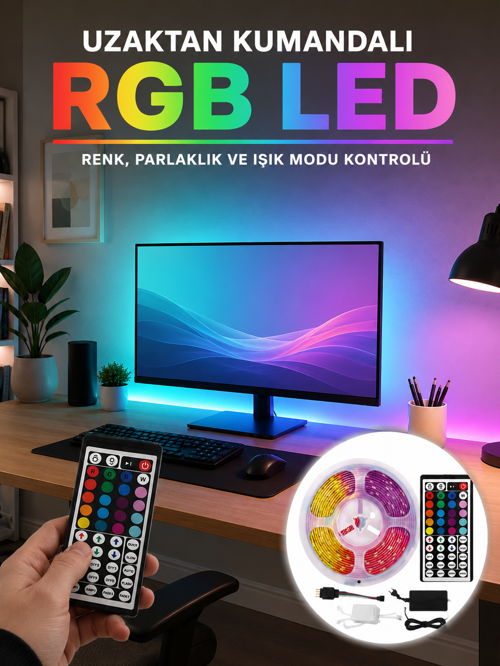 uygun Uzaktan Kumandalı RGB Şerit LED 5 Metre 12V 5050 SMD Çok Renkli Dekoratif Işık Seti popü