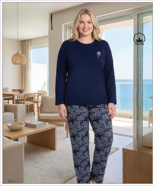 Kadın Büyük Beden %100 Pamuk Bisiklet Yaka Uzun Kollu Baharlık Pijama Takımı 17149 - 1 Adet