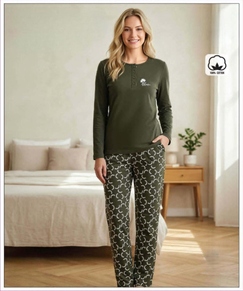 Kadın Standart Kalıp %100 Pamuk Düğmeli Yaka Uzun Kollu Baharlık Pijama Takımı 16231 - 1 Adet