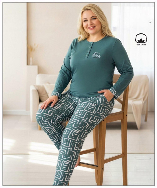 Kadın Büyük Beden %100 Pamuk Düğmeli Yaka Uzun Kollu Baharlık Pijama Takımı 17145 - 1 Adet